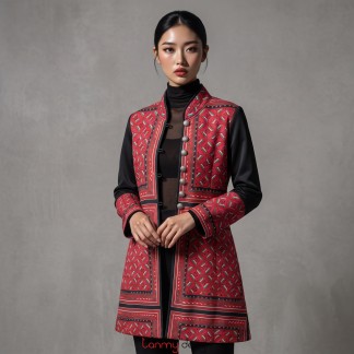 Long A-line quilted coat in orange-red printed fabric